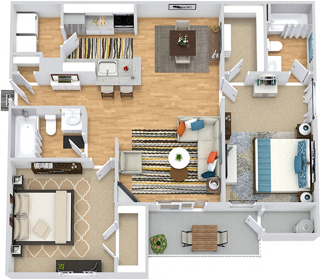 Floor plan for 2 beds, 2 baths, 1050 sqft